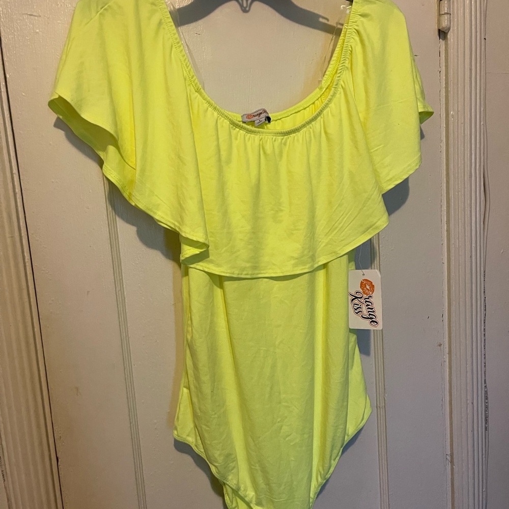 Neon Yellow Off-Shoulder Ruffle Bodysuit